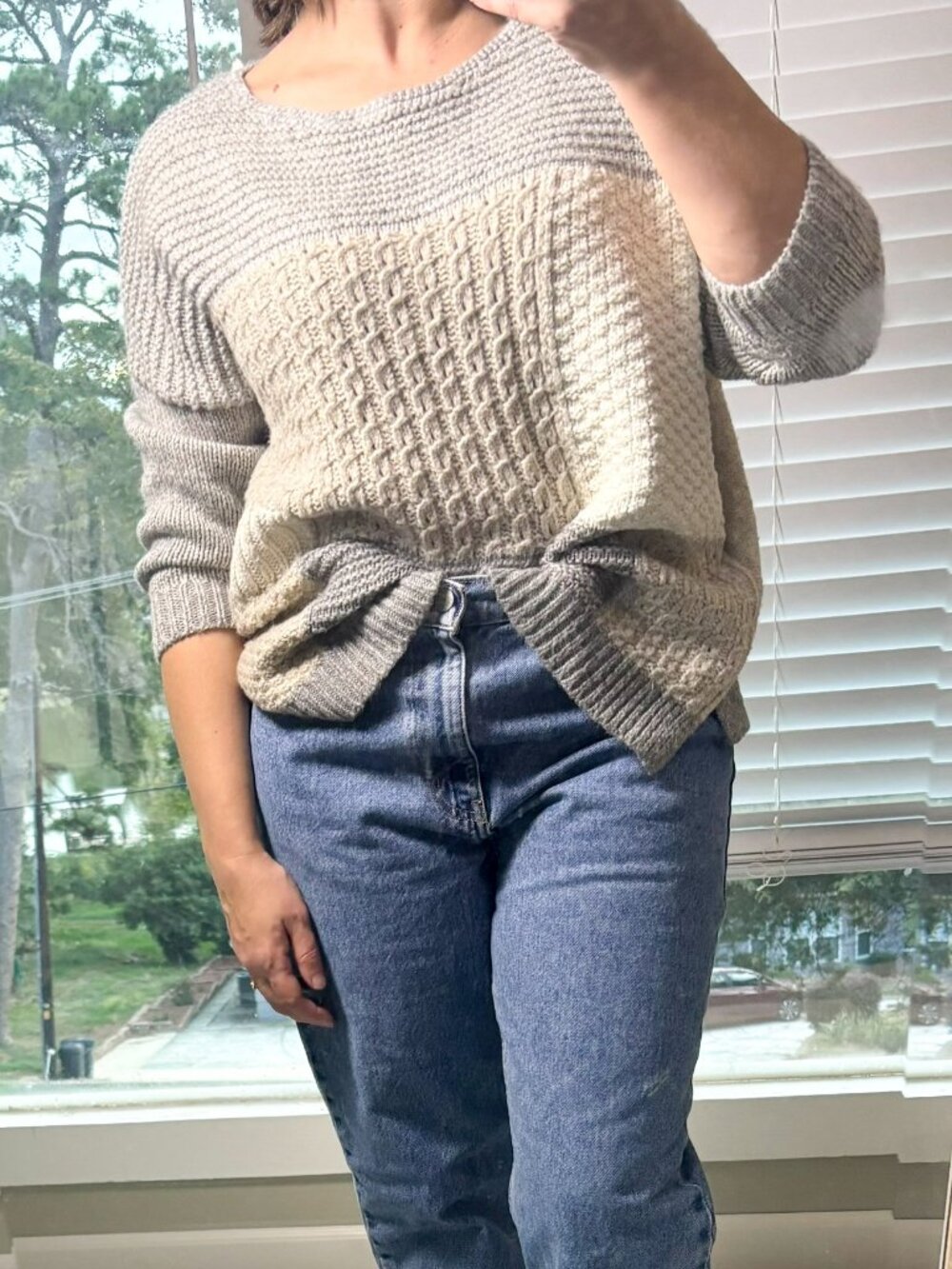 LOFT Patchwork Cable Knit Wool Blend Sweater Medium Colorblock Slouchy